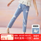 ASK JUNIOR女童褲子2025秋季新品兒童褲腳毛邊時(shí)尚立體蝴蝶牛仔褲九分褲童裝 藍(lán)色 140