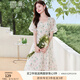香影（xiangying）泡泡袖碎花連衣裙女2025夏裝新款桃心領(lǐng)裙子溫柔風(fēng)印花雪紡裙 綠色 M