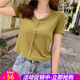 歐貝汐短款t恤女v領(lǐng)短袖寬松白色夏秋季純色韓版學(xué)生體恤高腰上衣 芥末綠  S