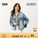 森馬森柔牛仔|牛仔外套女短款毛邊街頭春多巴胺寬松翻領(lǐng)夾克 牛仔中藍88201 S