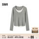 森馬毛衣女拼色假兩件毛衫修身春秋圓領(lǐng)套頭衫顯瘦109524107002