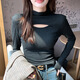 鉑吶苓T恤女拼接挖洞秋冬新款小心機打底衫女半高領(lǐng)鏤空辣妹設計感長(cháng)袖 半高領(lǐng)鏤空打底衫【黑色】 M 95-110
