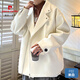 皮爾卡丹（pierre cardin）白色毛呢外套男士秋冬季西裝英倫風(fēng)呢子大衣男短款青少年冬裝風(fēng)衣 拉鏈米白色 XL