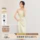 尚都比拉夏季時尚優(yōu)雅腰部褶皺提花圖案修身吊帶連衣裙女 香檳杏 M