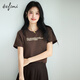 伊芙麗（eifini）朱珠代言百搭撞色字母印花灰色短袖T恤女秋季新款上衣 可咖棕 L