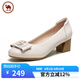 駱駝牌 女鞋牛皮單跟瑪麗珍鞋高跟休閑厚底粗根皮鞋 P24A155633 米白 35