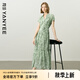 顏域法式碎花襯衫領(lǐng)連衣裙女2025夏季新款收腰袖過膝長款雪紡裙子 綠花 S