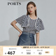 PORTS寶姿 商場(chǎng)同款新品女裝條紋荷葉邊短袖襯衫SL8B006KFB024 丈青白條紋 M (6)