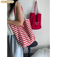 葉余韓系條紋托特包2025新款大容量帆布包單肩雙面背上班通勤手提包 加厚-紅色【防潑水】 雙面可背【肩帶舒適不勒】