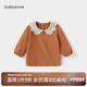babylove女寶寶上衣長(zhǎng)袖T恤純棉春秋款嬰兒花邊領(lǐng)四季打底衫寬松外出百搭 焦糖色 90 cm