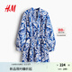 H&M女裝連衣裙2025夏季新款寬松法式圓點薄紗設計感碎花裙1296356 亮藍色/圖案 L 170/104