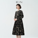 EIN言文藝復古中式立領(lǐng)印花高腰碎褶燈籠長(cháng)袖連衣裙女秋季款 石墨黑 L