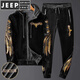 JEEP SPIRIT歐洲站加絨加厚金絲絨休閑運動(dòng)套裝男潮流韓版冬季兩件套男潮 黑色套裝 L 110-130斤