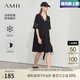 AMII七夕禮物2025夏拼蕾絲V領(lǐng)寬松連衣裙女字母數(shù)字印花中袖直筒裙子 黑色 均碼