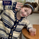 矜持范毛衣女2025春秋針織條紋外穿開(kāi)衫復古重工海洋星寬松長(cháng)袖外穿女 藍色 M 95-110斤