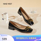 NINE WEST/玖熙低跟單鞋牛漆皮淺口方頭金屬飾扣工作女鞋NF445006FK 黑色39