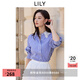 LILY2025秋新款女裝復(fù)古藍(lán)色格紋氣質(zhì)蕾絲繡花翻領(lǐng)長袖襯衫外套 401藍(lán)色 M