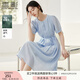香影藍(lán)色天絲連衣裙女2025夏季新款萊賽爾收腰系帶圓領(lǐng)泡泡袖裙子 藍(lán)色 L 165/88A/110-125斤