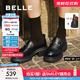 百麗（Belle）復古抓皺鎏金樂(lè )福鞋女25秋新商場(chǎng)款牛皮粗跟jk樂(lè )福鞋E1Y1DCA5預售 黑色 37