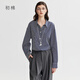 初棉色織藍白條紋拼接長(cháng)袖襯衫女25秋冬微磨毛落肩寬松疊穿襯衣 藏青條 M