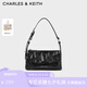 CHARLES&KEITH褶皺油蠟皮斜挎小方包手提包腋下包女士生日七夕禮物CK2-80160183 Noir黑色 S