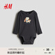 H&M童裝男嬰秋季連身衣圓領(lǐng)薄款印花信封領(lǐng)棉質(zhì)哈衣爬服1259195 深灰色/Play Every Day 100cm 100/56
