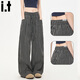 :CHOCOOLATE it女裝休閑褲女復古條紋垂感褲子女2026春秋流行直筒闊腿拖地褲 黑色 M