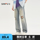 三福2025夏季男士破洞大直筒牛仔褲 街潮時(shí)尚闊版長褲男499995 藍(lán)色 28