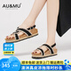 AU&MU2025夏季新款拖鞋女士真皮透氣外穿高級感涼鞋百搭厚底增高勃肯鞋 黑騎士【牛皮 軟木升級款】 2107 38