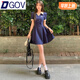 DGOV甜妹學(xué)院連衣裙女夏復(fù)古美式壓褶短裙收腰顯瘦polo領(lǐng)新款長(zhǎng)裙撞色 藏青色【短款】 S 90-100