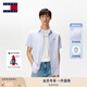 TOMMY JEANS【棉麻混紡】25新款夏季男裝休閑細(xì)條紋短袖襯衫外套20894 淺藍(lán)白條紋0A8 M