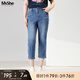 MsShe【冰氧吧涼感牛仔褲】大碼女裝2025夏裝顯瘦彈力七分小腳褲 牛仔中藍(lán)色現(xiàn)貨 2XL