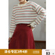 獨束大碼女裝細坑條絨高腰半身裙女秋冬新款胖mm顯瘦遮胯A字裙 紅色 L