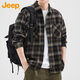 吉普（JEEP）襯衫男士長(cháng)袖春秋季休閑工裝外套寬松格子襯衣服男裝 咖啡格 2XL