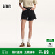 森馬牛仔褲女黑色毛邊綁帶夏高腰短褲109324122006