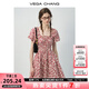 VEGA CHANG碎花連衣裙女2025新款夏季法式方領(lǐng)泡泡袖收腰甜美短裙 紅鳶色 L