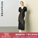 顏域黑色V領(lǐng)短袖連衣裙女2025夏季新款收腰長(cháng)裙高級感蕾絲背心裙 黑色 L