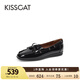 KISSCAT接吻貓秋季舒適通勤百搭圓頭樂福鞋單鞋小皮鞋女KA54540-10 黑色 皺紋牛漆皮/PU 38