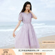香影氣質(zhì)印花連衣裙女2025夏裝新款米白色泡泡袖圓領(lǐng)中長絕美裙子 淺紫 XL 170/92A/125-140斤
