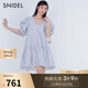 SNIDEL春夏甜美V領泡泡袖鏤空刺繡公主連衣裙SWFO241310 藍色 S （0）