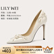 Lily Wei【聽(tīng)月遲】法式優(yōu)雅蝴蝶結(jié)高跟鞋簡(jiǎn)約時(shí)尚一腳蹬單鞋大碼 米白色【跟高10cm】 36
