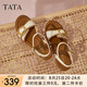 他她（TATA）法式坡跟涼鞋女鞋度假風(fēng)一字帶涼鞋2025夏季新款7MYA1BL5 米白 35