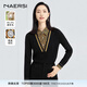 娜爾思（NAERSI）假兩件異材質(zhì)印花針織衫上衣女新款長(zhǎng)袖羊毛毛衣 黑色 XL 42