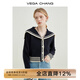 VEGA CHANG海軍領(lǐng)針織衫女春秋季2025年新款新復古回潮短款設計感針織上衣 藏青色 均碼