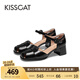 KISSCAT接吻貓涼鞋女夏季新款瑪麗珍復(fù)古豬籠鞋高跟涼鞋KA54319-10 黑色 38