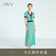 OVV2023春夏新款女裝復古撞色修身短袖A字傘裙針織連衣裙 湖藍鑲拼02 M
