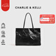 CHARLIE&KELLI CK品牌包包女包大容量褶皺托特包通勤單肩手提包七夕情人節(jié)禮物 黑色【京倉(cāng)配送 贈(zèng)禮袋】