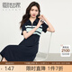 熙世界sllsky美式學院風休閑撞色條紋POLO領連衣裙女短袖2025夏日新款 寶藍色 L