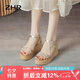 ZHR坡跟涼鞋女夏真牛皮厚底女鞋時(shí)尚細(xì)帶水鉆高跟鞋子女 AY92 香檳36