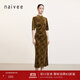 納薇（naivee）春夏東方簡(jiǎn)奢風(fēng)新中式提花立領(lǐng)斜襟開(kāi)叉收腰華麗絲絨旗袍連衣裙女 米棕 M 160/84A